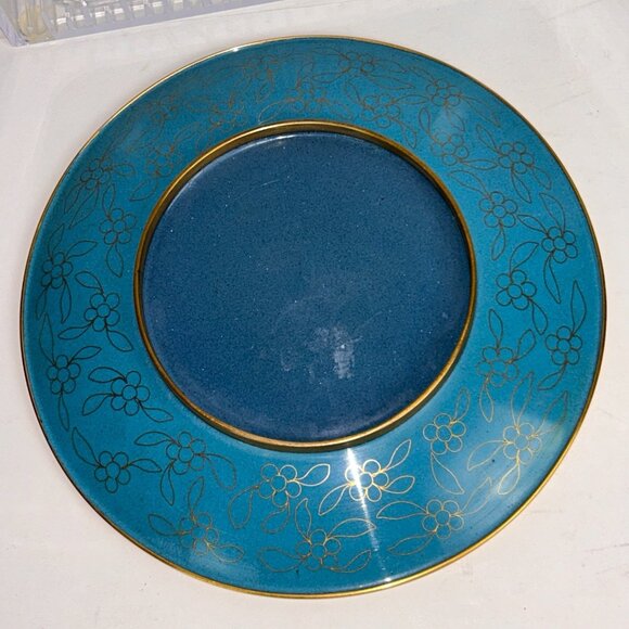10" Chinese Cloisonne Enamel Brass Plate Holiday Colors Autumn Gold Green Footed - Picture 4 of 10